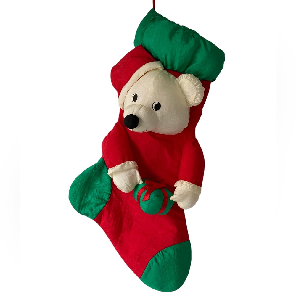 Vintage Enesco Christmas Polar Teddy Bear Puffy Stocking Polyester Rare HTF 19"